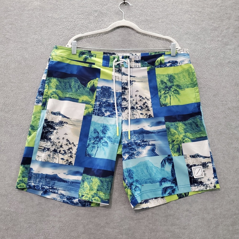 American Eagle Men Swimwear XL Blue Palm Tree Patchwork Board‎ Shorts Drawstring